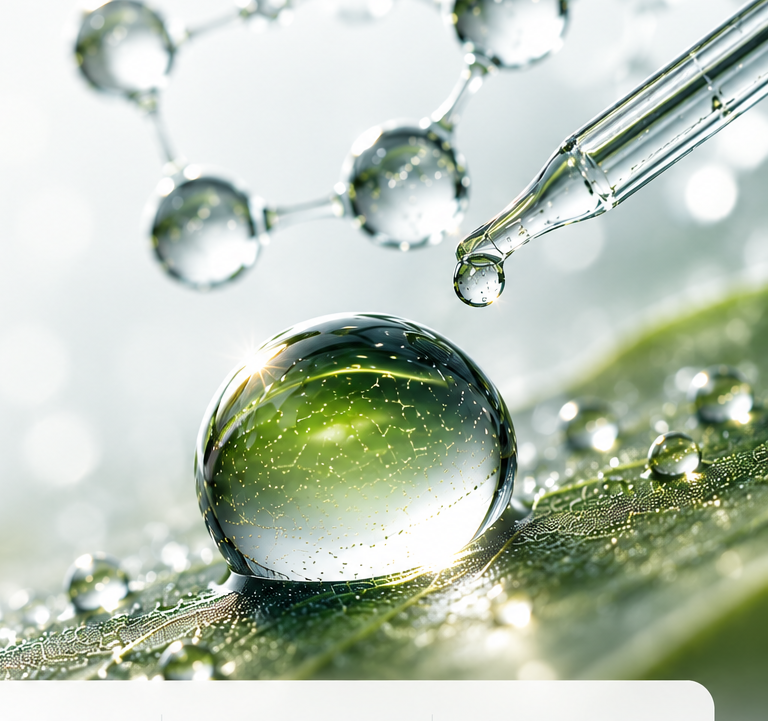 Water droplet on a leaf surrounded by molecular structures and a laboratory dropper